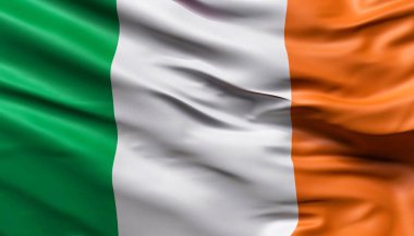 İrlanda kumaş dokuma bayrağı. İrlanda bayrağı rüzgarda dalgalanıyor. İrlanda bayrağı birçok katlı bir spor kumaşı üzerinde tasvir edilir. Spor takımı afişi