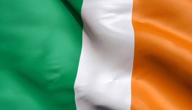 İrlanda kumaş dokuma bayrağı. İrlanda bayrağı rüzgarda dalgalanıyor. İrlanda bayrağı birçok katlı bir spor kumaşı üzerinde tasvir edilir. Spor takımı afişi