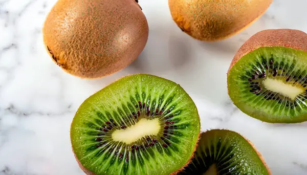 Fresh kiwi gold fruits with mint leaves scattered on rustic wooden table. Whole and cutting kiwi gold.