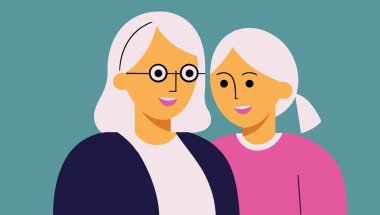 Kızım yaşlı bir anneye çiçek verir. Farklı nesillerden kadınlar birlikte sarılır, sever ve ilgilenir. Vektör grafikleri.