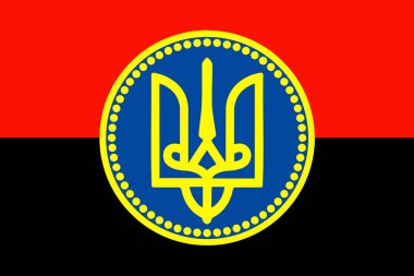 Ortasında sarı daire olan kırmızı ve mavi bir bayrak. Çemberin bir kılıcı ve haçı var.