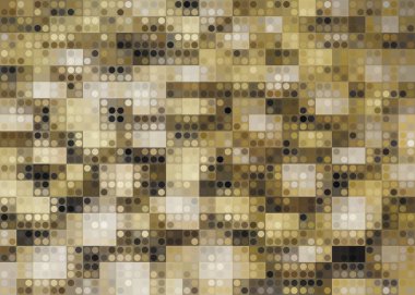 Altın ve beyazdan oluşan kare ve daireler. Kareler farklı boyutlarda ve daireler farklı boyutlarda ve renklerde. Desen çok yoğun ve çok fazla detay içeriyor.