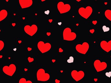 Birçok kırmızı kalbin siyah beyaz görüntüsü. Görüntü, bazılarının diğerlerinden daha büyük olduğu bir kalp deseni. Kalpler görüntüye dağılmış.