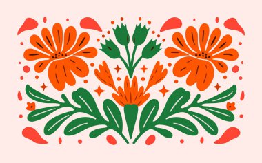 Yeşil ve turuncu çiçekli renkli bir çiçek tasarımı. Çiçekler bir hareket ve enerji hissi yaratacak şekilde düzenlenmiştir. Manzara neşeli ve canlandırıcı.