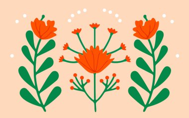 Yeşil yapraklı üç portakal çiçeği çizimi. Çiçekler birbirleri ile örtüşen bir şekilde düzenlenmiştir. Resmin huzurlu ve rahatlatıcı bir havası var.