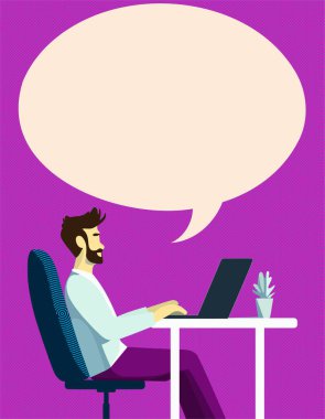 Bilgisayarının önünde oturan bir bürokrat ve boş bir baloncuk hala bilgi arıyor.