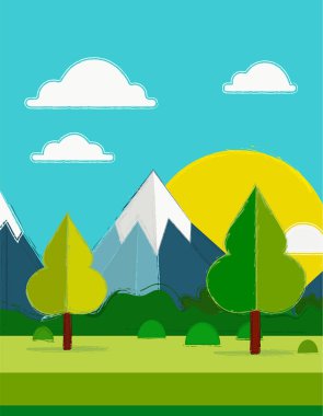 İki ağacı ve gökyüzünde güneşi olan bir dağ silsilesinin karikatürsel çizimi. Manzara huzurlu ve sakin. Dağlar ve ağaçlar doğayı, güneş ise sıcaklığı ve ışığı temsil ediyor.