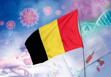 Coronavirus (COVID-19) outbreak and coronaviruses influenza background as dangerous flu strain cases as a pandemic medical health risk. Belgium Flag with corona virus and their prevention. clipart