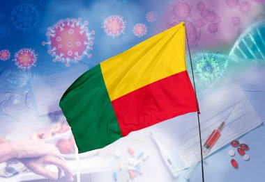 Coronavirus (COVID-19) outbreak and coronaviruses influenza background as dangerous flu strain cases as a pandemic medical health risk. Benin Flag with corona virus and their prevention. clipart