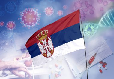 Coronavirus (COVID-19) outbreak and coronaviruses influenza background as dangerous flu strain cases as a pandemic medical health risk. Serbia Flag with corona virus and their prevention. clipart