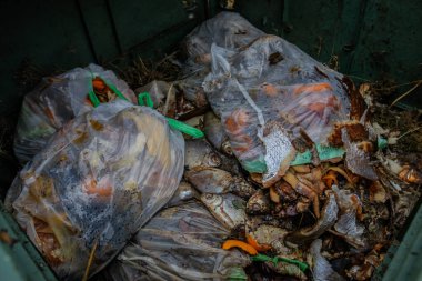 Çürük yiyeceklerle dolu gübre kutusu.