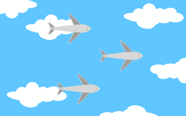Gökyüzü Illustration 'daki uçak, mavi gökyüzündeki bulutların arasında uçan düz stil uçak çizimi. Dijital tasarım ve tanıtım materyallerinde seyahat, havacılık, turizm ve ulaşım kavramları için ideal.