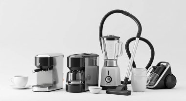 Kahve makinesi seti. Beyaz arka planda kahve makinesi, su ısıtıcı, süt, fincan ve kahve çekirdeği.