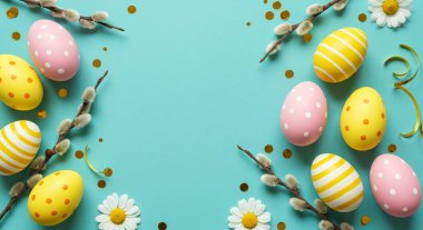 Mutlu Paskalyalar. Paskalya yumurtaları, çiçekler ve paskalya süsleri, 3 boyutlu.