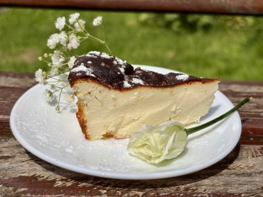 Bir parça peynirli kek ve kiraz çiçeği.