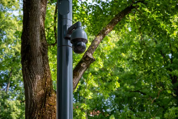 Siyah bir güvenlik kamerası parlak gri bir direğe monte edilmiş..