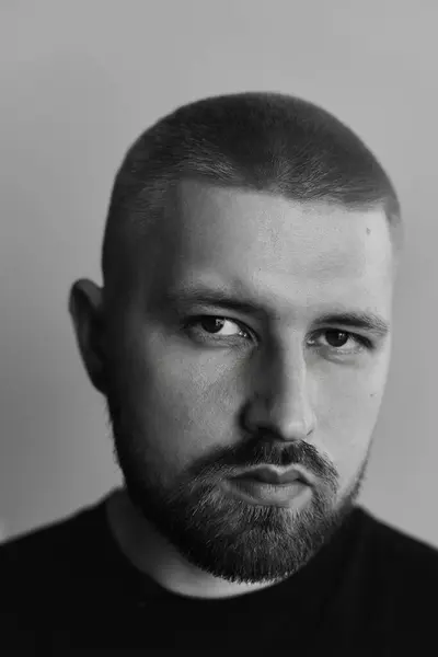 Portraits Millennial Guy Short Haircut Beard Earrings His Ears Stock Photo