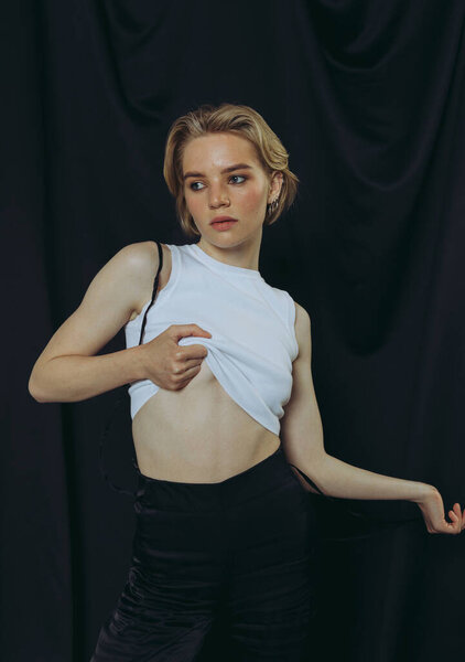 Fashion Portraits Stylish Girl Short Blonde Hair Minimalistic Background Stock Photo