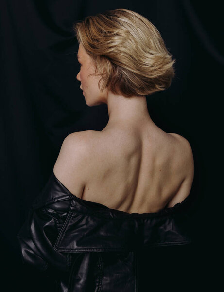 Stylish Fashion Portraits Beautiful Girl Cape Short Haircut Slim Figure Stock Image