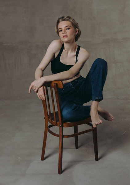 Fashionable Beautiful Portraits Beautiful Girl Jeans Short Haircut Blonde Hair Stock Picture