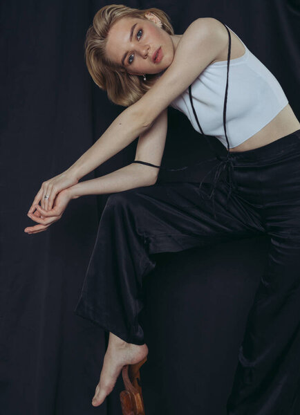 Fashion Portraits Stylish Girl Short Blonde Hair Minimalistic Background Royalty Free Stock Images