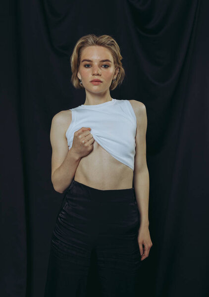 Fashion Portraits Stylish Girl Short Blonde Hair Minimalistic Background Stock Photo