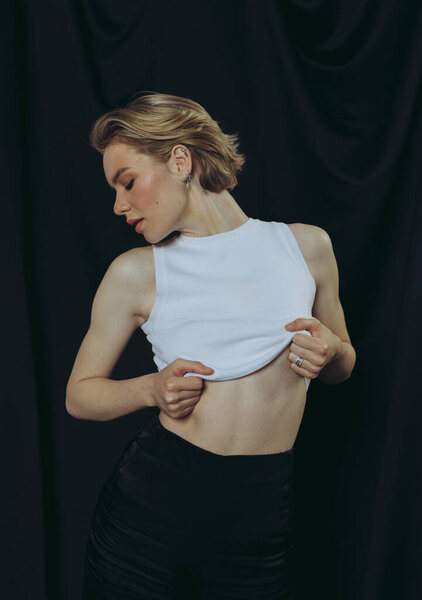 Fashion Portraits Stylish Girl Short Blonde Hair Minimalistic Background Stock Image