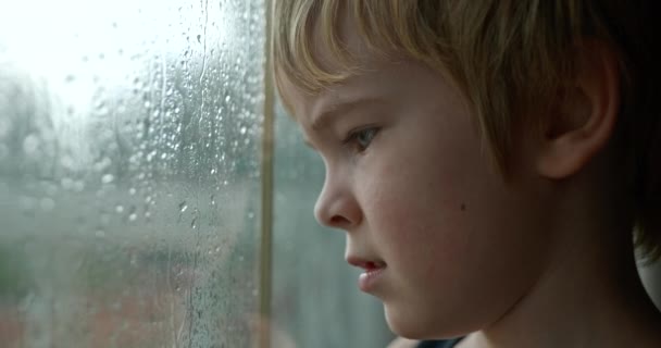 Симпатичный Ребенок Грустный Маленький Мальчик Смотреть Raindrops Влажное Окно Смотреть — стоковое видео