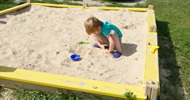 Милий Маленький Хлопчик Який Грає Пісочниці Дитина Грає Піском Дитячому — стокове відео