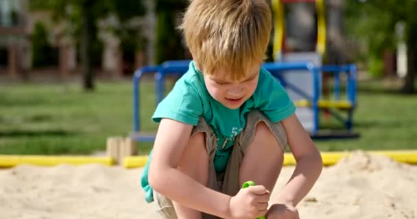 Милий Маленький Хлопчик Який Грає Пісочниці Дитина Грає Піском Дитячому — стокове відео