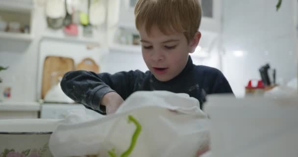 Корисний Хлопчик Просіює Пшеничне Борошно Через Сито Дитина Допомагає Кухні — стокове відео
