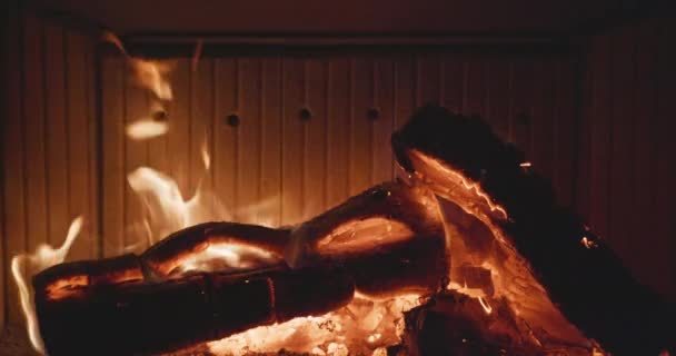 暖炉で燃える火の木を閉じる 炎の舌 赤熱を灰にします 10ビット — ストック動画