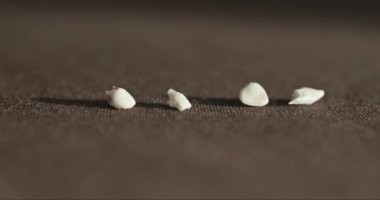 Yakın plan, Bebek Diş 'i Kanla Çekmiş. Kayıp Süt Dişleri Masada Yatıyor. 4K 10-bit