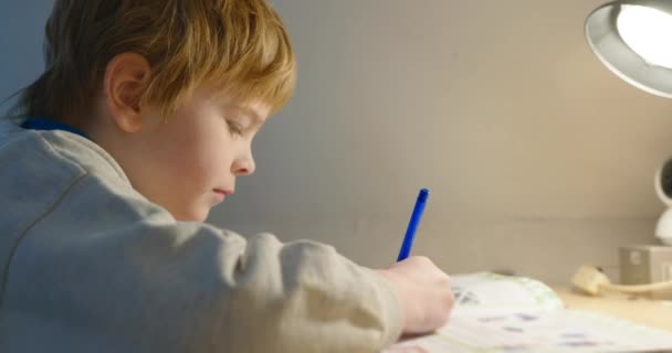 Kid Boy Studeert Thuis Schooljongen Doet Huiswerk Aan Tafel Bit — Stockvideo