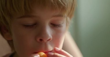 Tatlı Çocuk Lezzetli Kayısı Yemekten Hoşlanıyor. Kahvaltı için meyveler ya da akşam yemeği. Yavaş çekim 60 fps 4K 10-bit