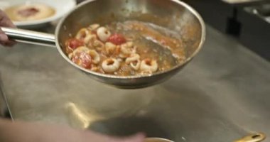 Restaurant Kitchen 'da Şef Cook' un Et Yemekleri Hazırlama Süreci. Yavaş çekim 60 fps 4K 10-bit