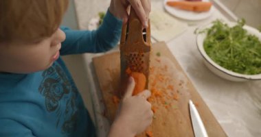 Boy Helps To Cook. Kid Prepare Food in Kitchen 4K 10-bit