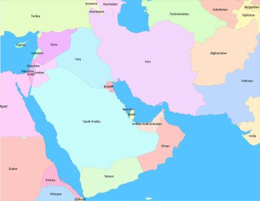 İran Körfezi 'nin Arap devletleri ve ülke isimleriyle Kızıldeniz haritası
