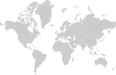 WGS 1984 Dünya Mercator koordinat sisteminde ülke sınırına sahip dünya haritası