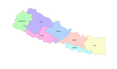 Asya Nepal haritası ile 7 vilayetin birinci seviye idari bölümü.