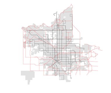 ABD Kaliforniya Eyaleti Fresno Şehir Haritası Yolları ve Yolları (kırmızı) ve Faks Otobüs Rotaları
