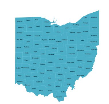 ABD, Ohio haritası, İlçe İsimleri ve Sınırlarıyla Eyalet Haritası