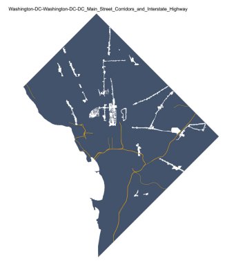 Washington DC 'nin haritası. Ana Cadde Koridorları ve Otoyol
