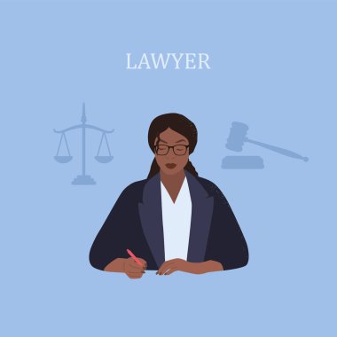 Avukatlık mesleği. Yargıç. Siyahi kadın profesyonel avukat. Düz stil. Vektör illüstrasyonu
