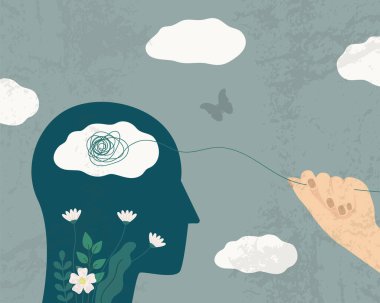 Psikoterapist olumsuz düşüncelerden kurtulmaya yardımcı oluyor. Akıl sağlığı. Vektör illüstrasyonu