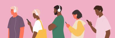 Queue of people. Group of Diverse people staying in a line with headphones. Holding phone. Vector illustration