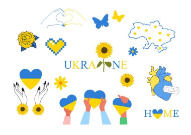 Ukrayna. Mavi ve sarı çizim koleksiyonu. Ukrayna haritası, kalp, ayçiçeği taşıyıcı illüstrasyonu