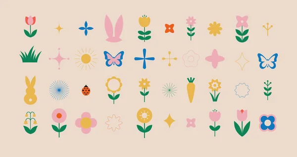Spring flowers. Spring and Easter elemets collection. Retro vintage geometric style. Vector illustration