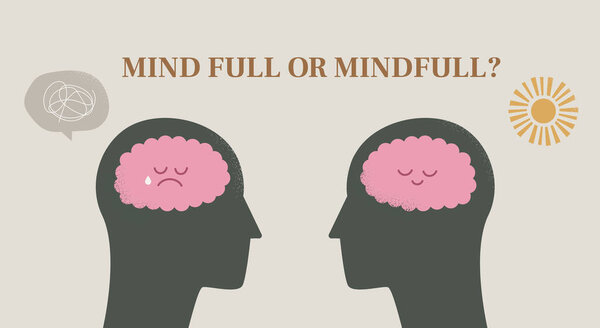Mindfulness concept. Head full of thoughts and calm relaxed mind. Vector illustration