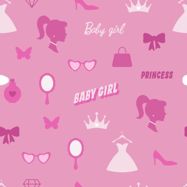 Prenses! Güzel, pembe, pürüzsüz bir desen. Güzel, kız işi duvar kağıdı. Vektör illüstrasyonu